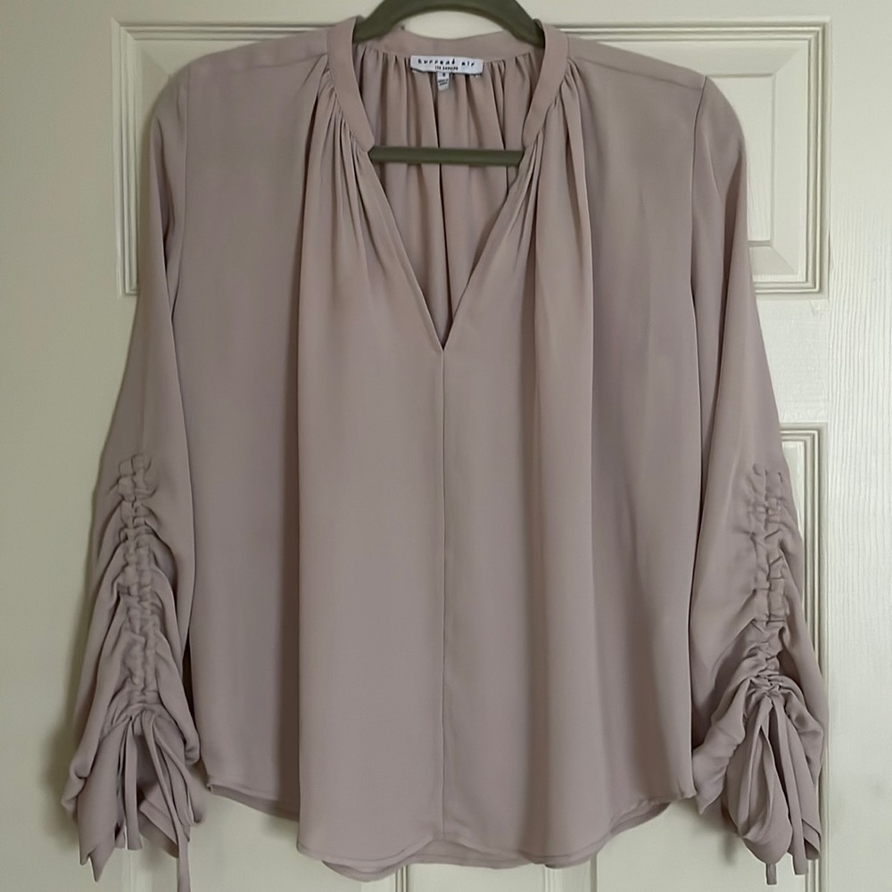 Current Air Dusty Blush Ruched Sleeve V-Neck Blouse